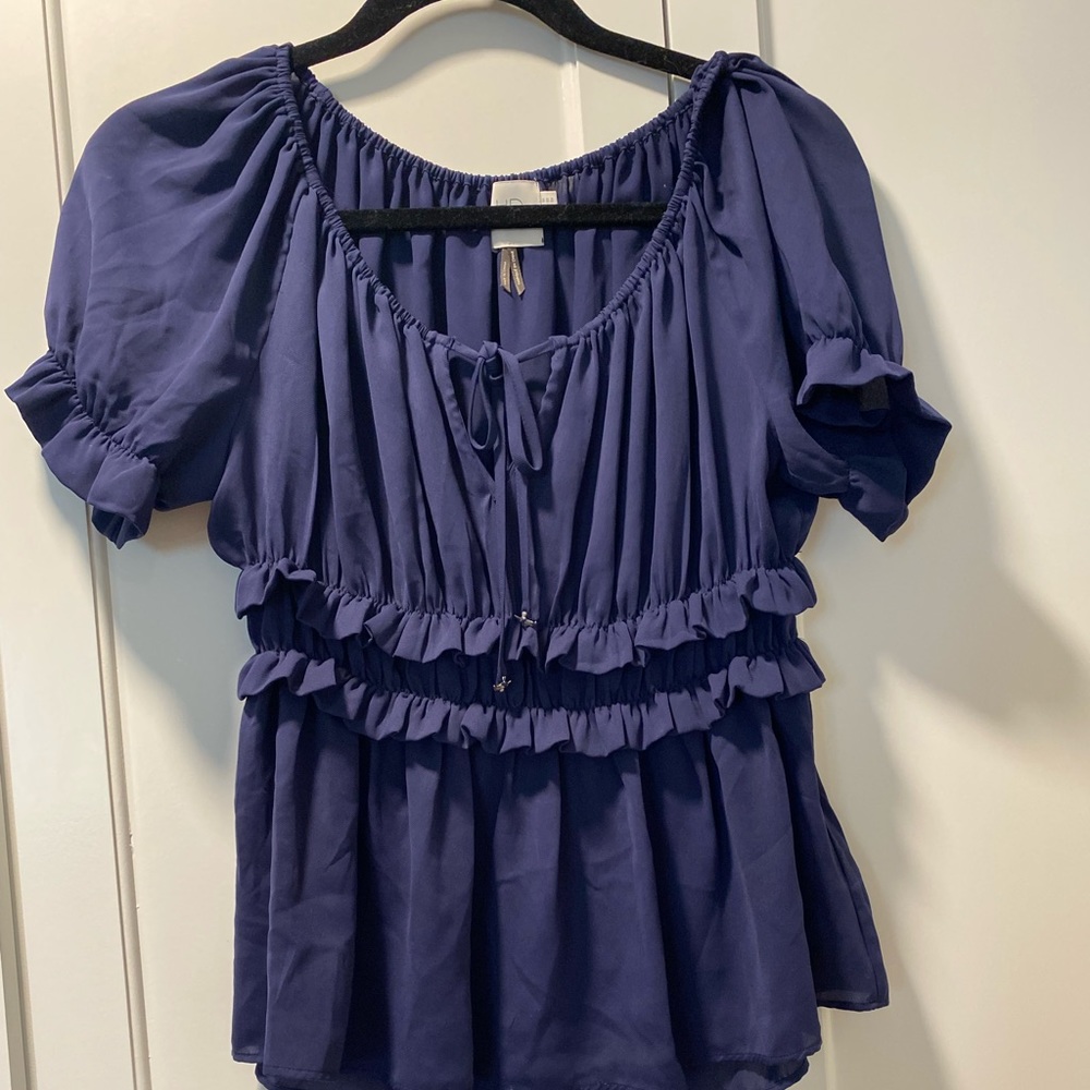 Anthropologie Navy Cinched Ruffle Blouse